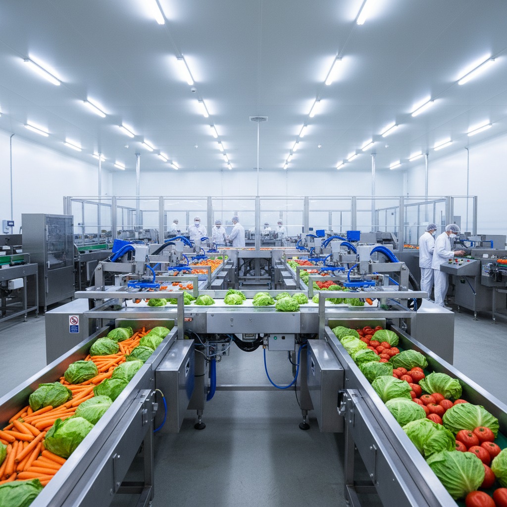 Des convoyeurs transportent des salades, des carottes et des tomates dans une usine de transformation alimentaire lumineuse où des employés en blouse blanche travaillent à l'arrière-plan.