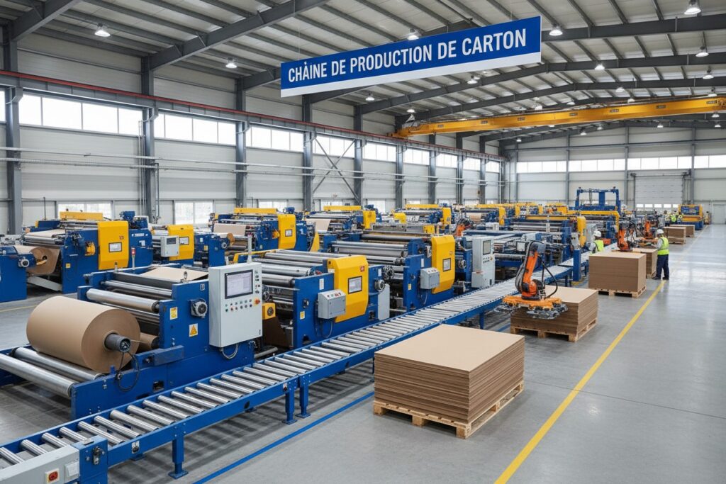 Des rouleaux de papier et des piles de cartons finis sur une ligne de production dans une usine.