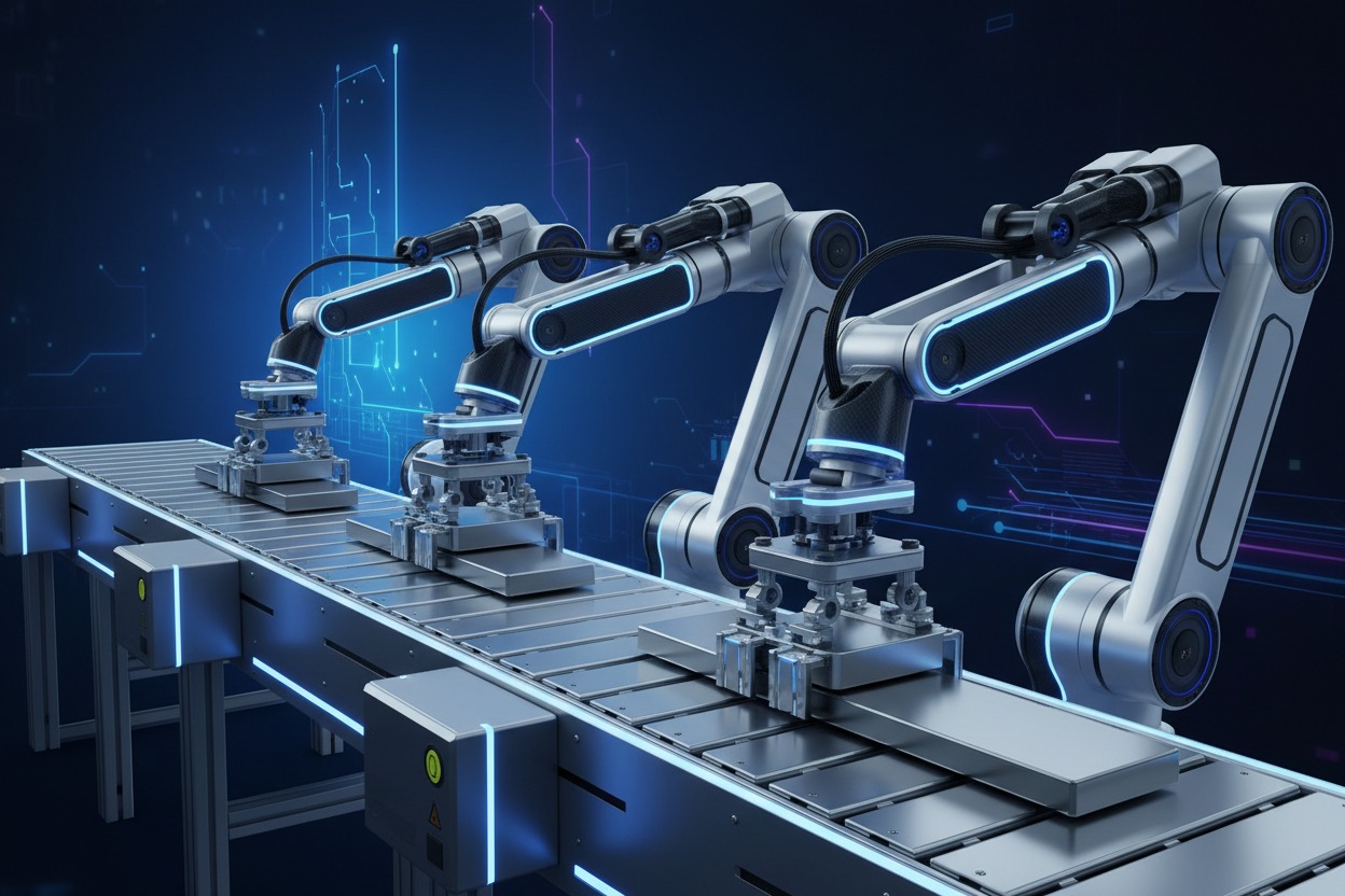 Trois bras robotiques automatisés travaillent sur une chaîne de production dotée d'un convoyeur devant un fond bleu numérique.