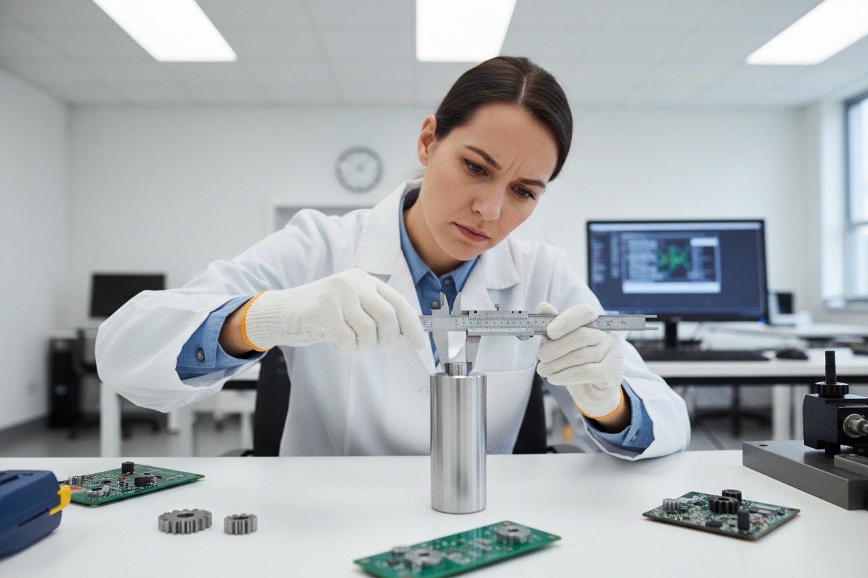 Une technicienne en blouse blanche et gants mesure un cylindre métallique avec un pied à coulisse dans un laboratoire.
