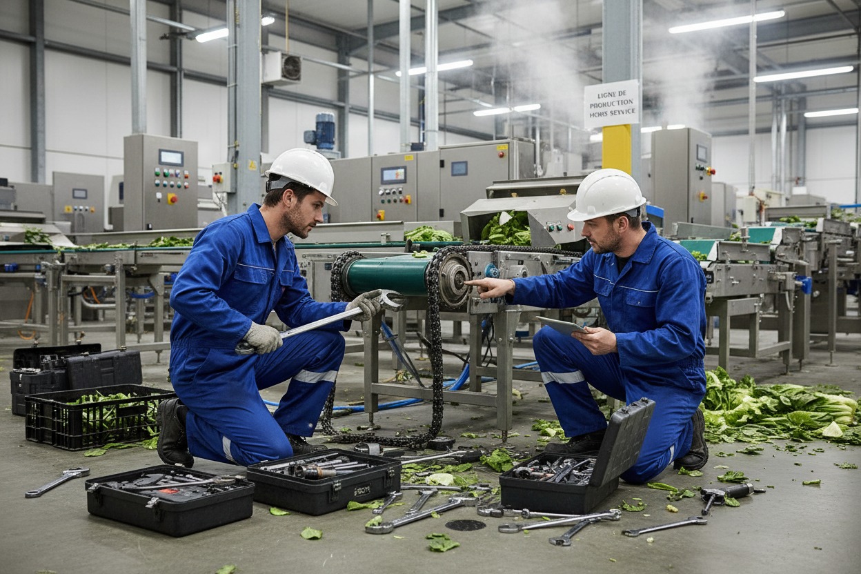 Deux techniciens en bleu de travail et casques de chantier réparent une machine dans une usine de transformation alimentaire.